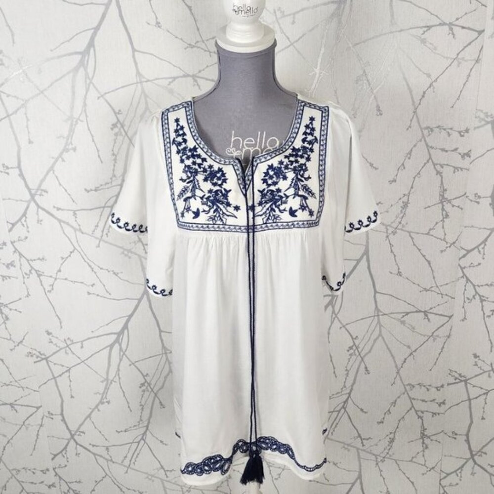 Embroidered Peasant Tunic Tee - White with Navy Embroidery